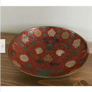 Red Enamel Inlay Decorative Brass Bowl Boho Floral Design Made in India
